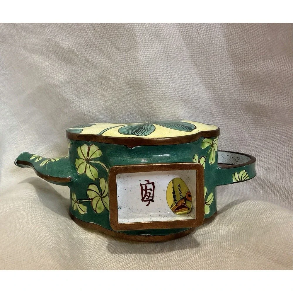 RARE Kelvin Chen Enamel Irish Gardens Mini Teapot w/ Lid, Green Yellow Brown